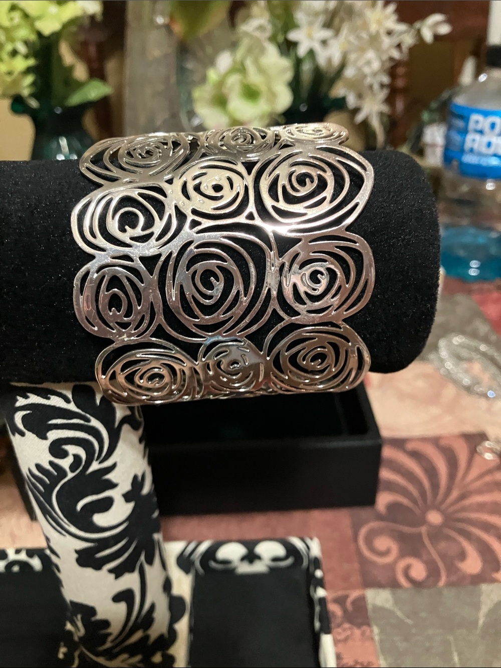 Silver Openwork Rose Motif Wide Cuff Bracelet - Women Jewelry